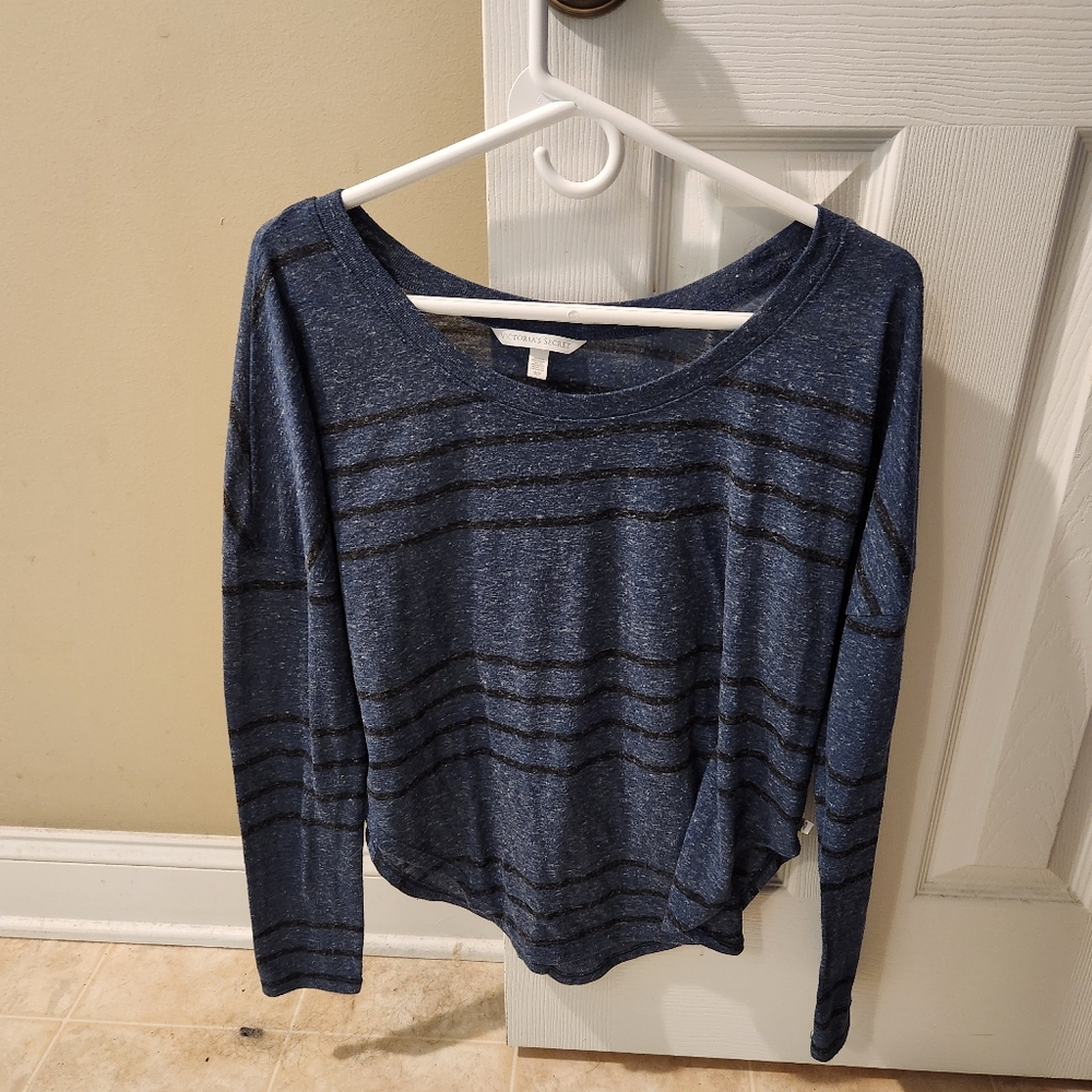 Victoria's Secret Blue Linen-Blend Striped Long Sleeved Shirt